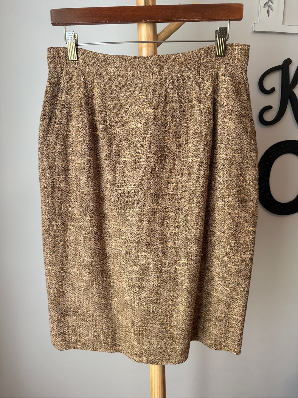 Vintage Anne Klein Brown Tweed Pencil Skirt Wool Silk Blend 28” Waist Academia